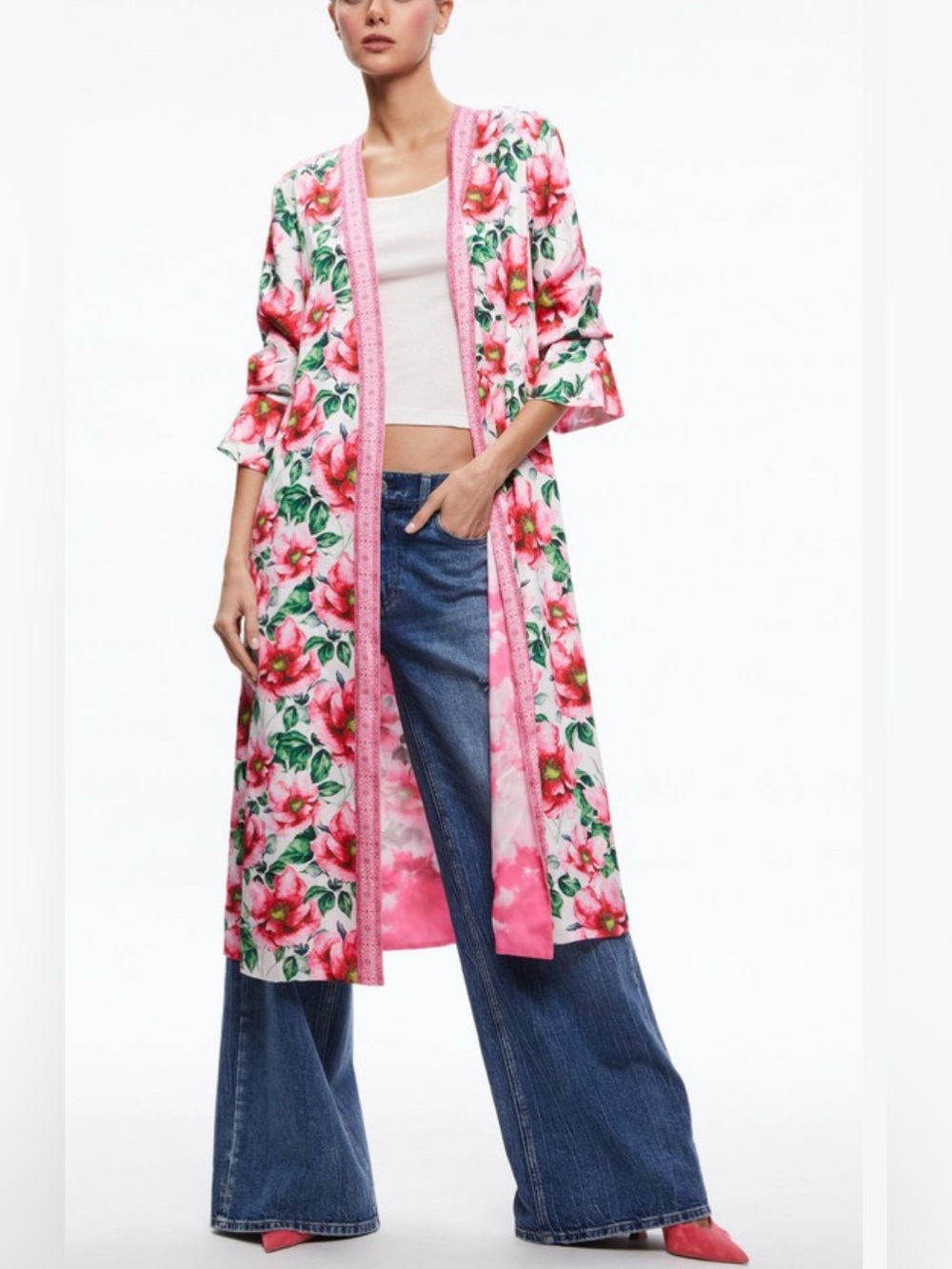 Alice Olivia Joon Reversible Robe Pink Floral Kimono Luxury Loungewear XS S New